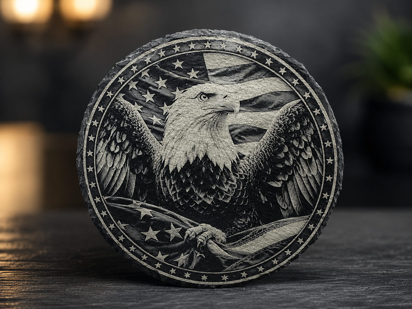 Engraved slate coaster with eagle and American flag design