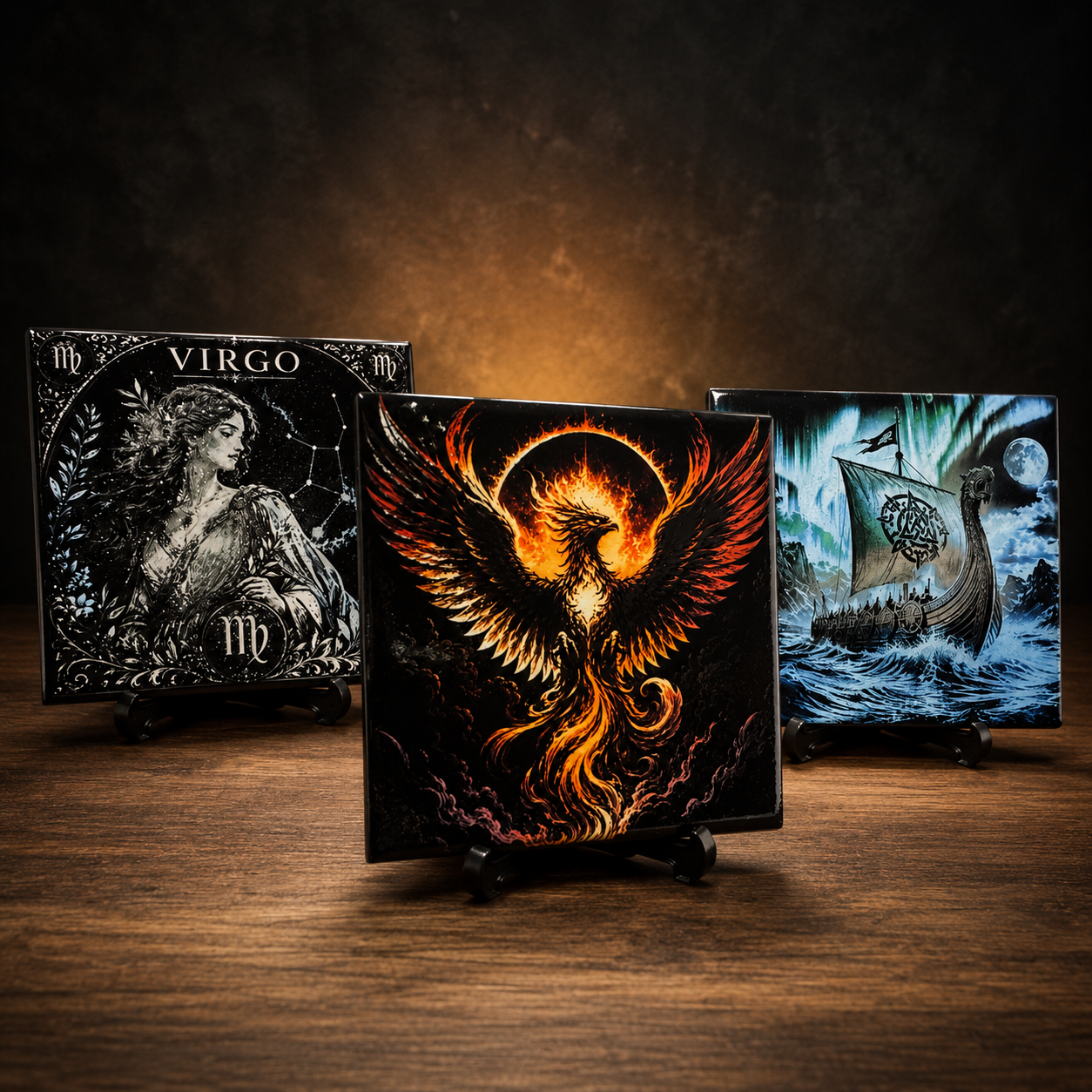 Painted laser-engraved tiles featuring phoenix, zodiac, and aurora designs