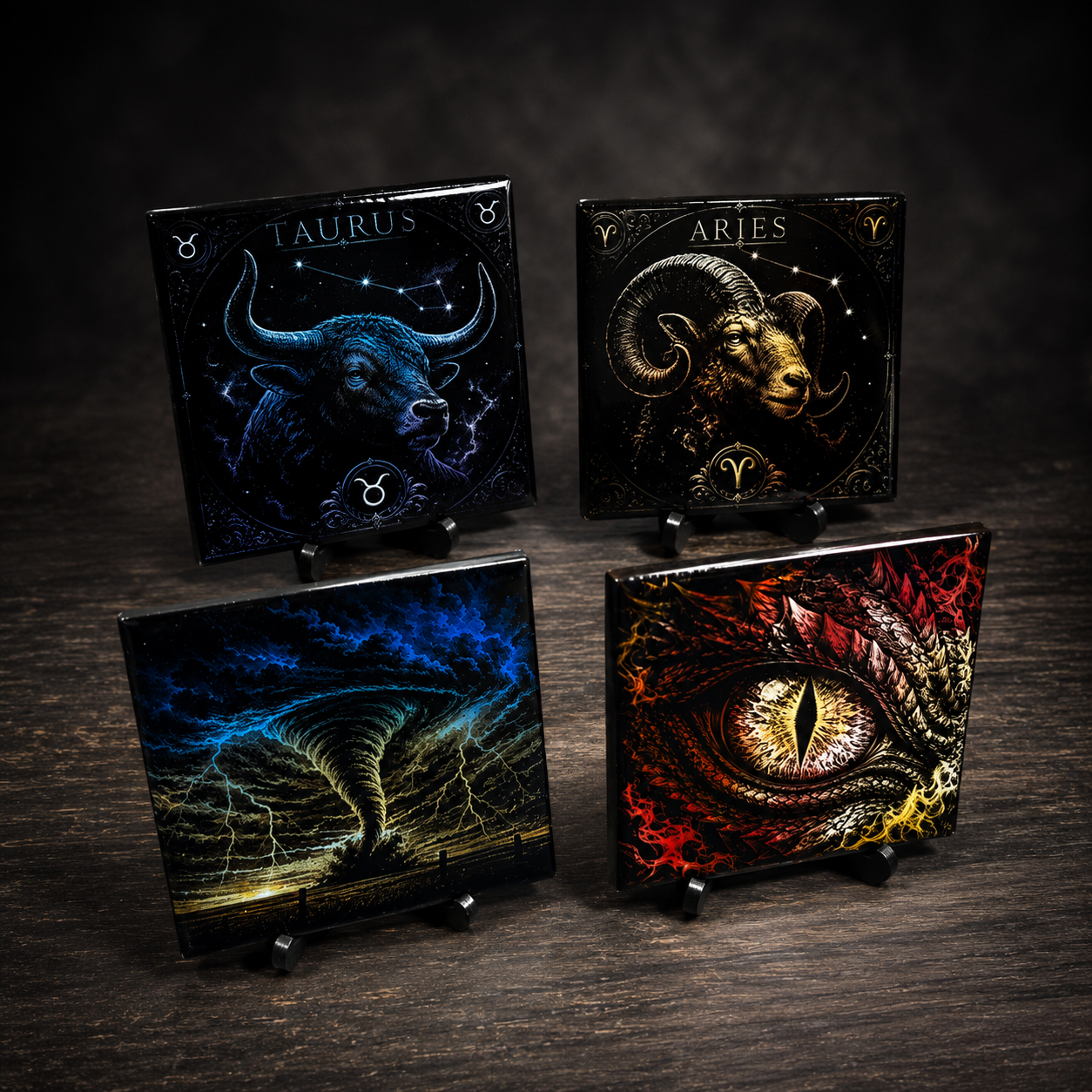 Painted laser-engraved tiles with zodiac and fantasy designs